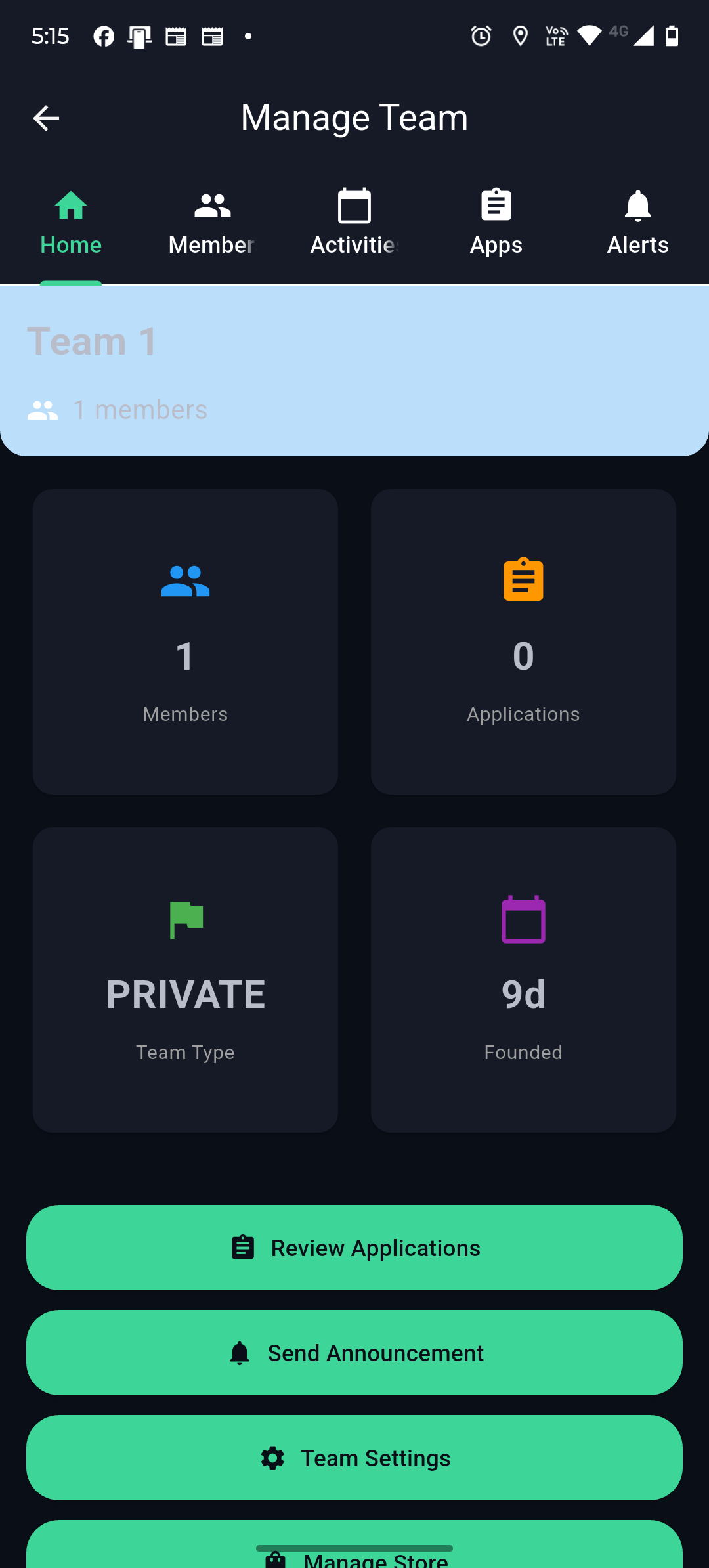 Team dashboard