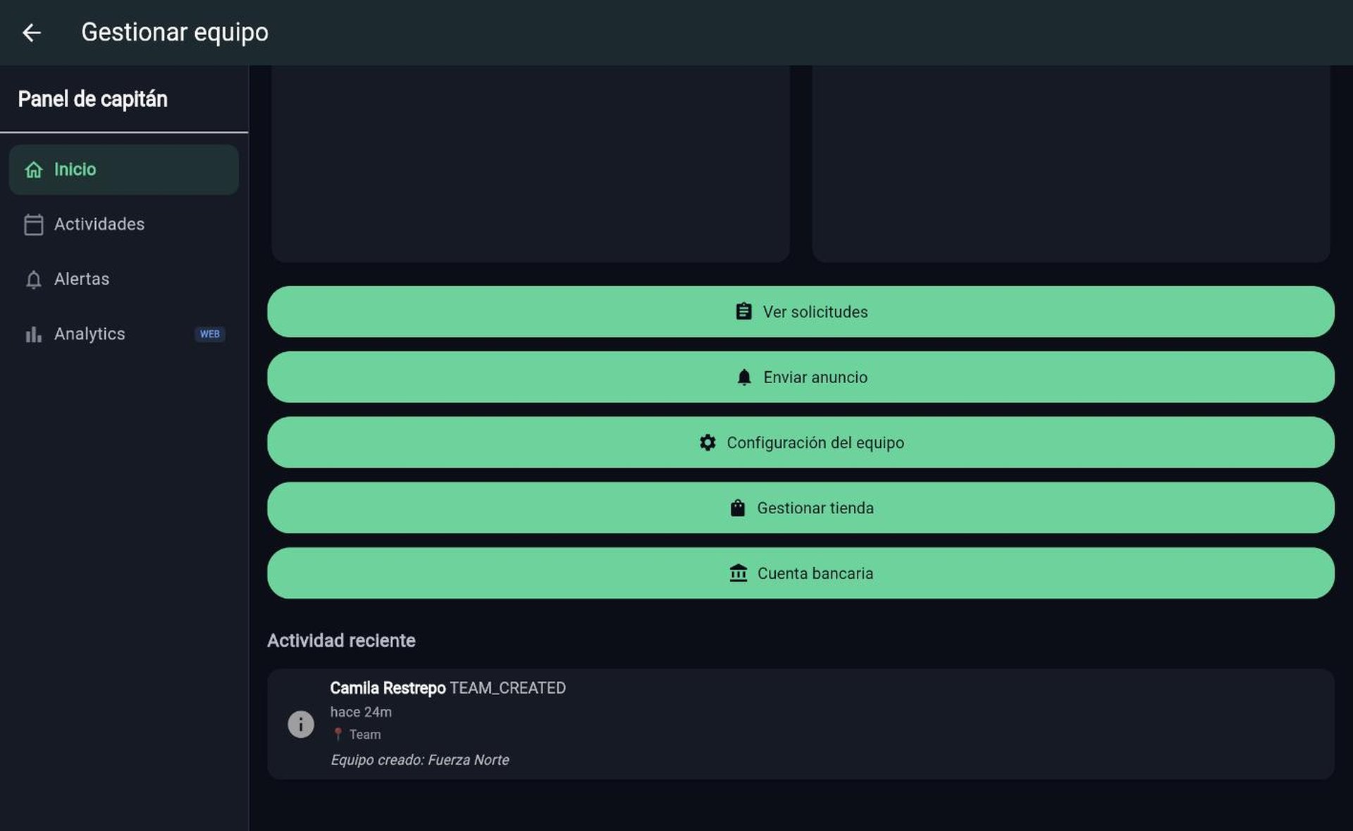 Captain panel: quick actions and recent store activity